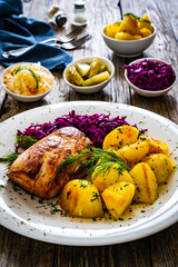 Fried pork loin with boiled potatoes and red cabbage on wooden table
