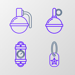 Set line Military dog tag, Detonate dynamite bomb stick and timer clock, Hand grenade and icon. Vector