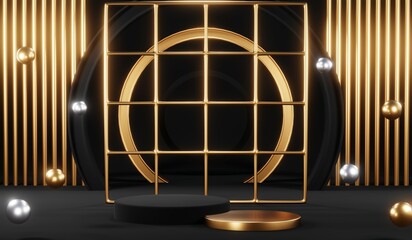 Stylish and contemporary 3D render black podium background perfect for any professional presentation, keynote or event. Its modern and sleek design adds sophistication to your product demo or show