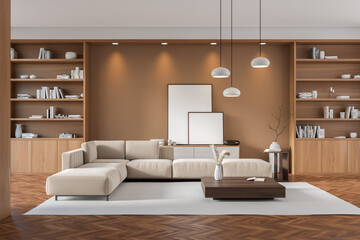 Beige relaxing interior with couch and shelf with decoration, mockup frames