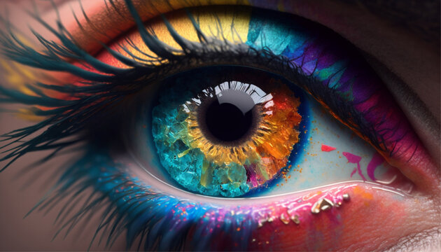 Close up view of human eye with bright multicolored, Holi indian color festival inspired, generative ai