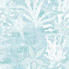 Abstract seamless pattern on the marine theme with underwater plants, starfish on blue watercolor background.  Vector. Perfect for design templates, wallpaper, wrapping, fabric and textile.