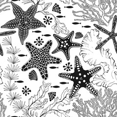 Seamless pattern on the marine theme with underwater plants, starfish, fish, shells on white background. Vector. Perfect for design templates, wallpaper, wrapping, fabric, print and textile.