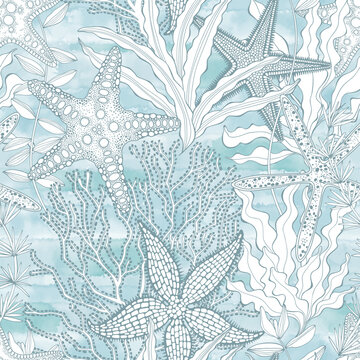 Abstract seamless pattern on the marine theme with underwater plants, starfish on blue watercolor background.  Vector. Perfect for design templates, wallpaper, wrapping, fabric and textile.
