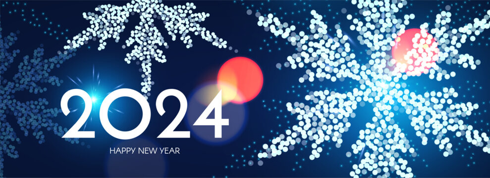 Happy 2024 New Year celebration with snowflakes ad bokeh effect. Cover, flyer and poster minimal design template.