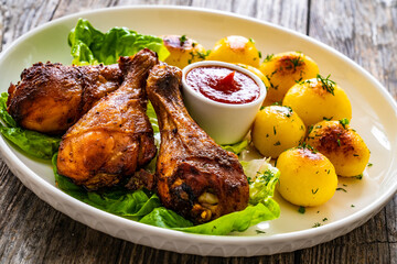 Barbecue chicken drumsticks with fried potatoes, lettuce and ketchup on wooden table
