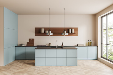 Front view on bright kitchen room interior with island