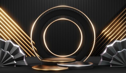 Stylish and contemporary 3D render black podium background perfect for any professional presentation, keynote or event. Its modern and sleek design adds sophistication to your product demo or show
