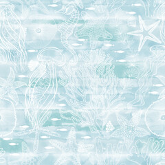 Underwater world. Seamless vector pattern on a blue watercolor background. Perfect for design templates, wallpaper, wrapping, fabric and textile. - 568349199