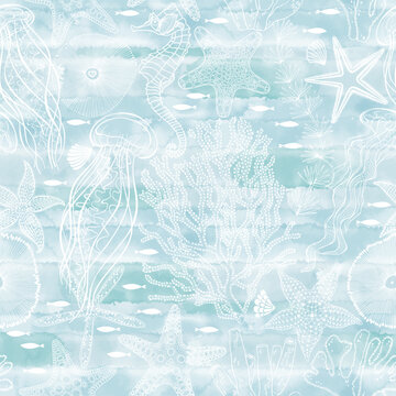 Underwater world. Seamless vector pattern on a blue watercolor background. Perfect for design templates, wallpaper, wrapping, fabric and textile.