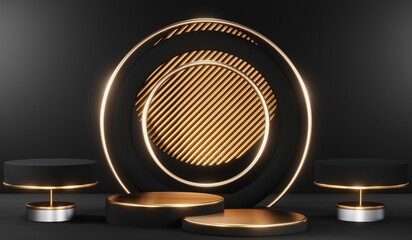 Stylish and contemporary 3D render black podium background perfect for any professional presentation, keynote or event. Its modern and sleek design adds sophistication to your product demo or show