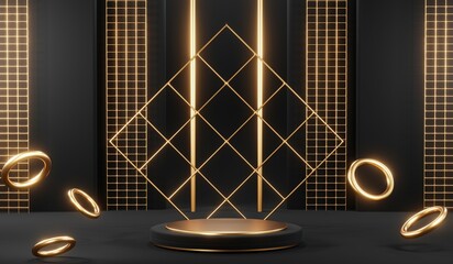 Fototapeta na wymiar Stylish and contemporary 3D render black podium background perfect for any professional presentation, keynote or event. Its modern and sleek design adds sophistication to your product demo or show