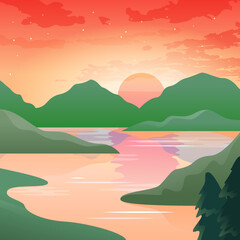 mountains and lake landscape. illustration