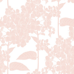 Seamless pattern of hydrangea flowers for fabric design. Luxurious line art of spring flowers. 