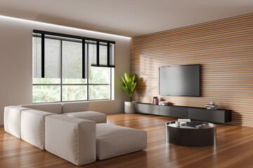 Modern chill interior with couch and tv screen, drawer and panoramic window