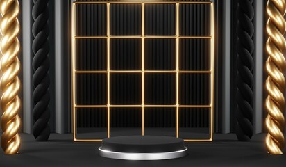 Stylish and contemporary 3D render black podium background perfect for any professional presentation, keynote or event. Its modern and sleek design adds sophistication to your product demo or show