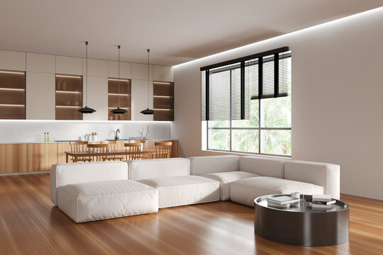 Stylish studio interior with chill and cooking corner, panoramic window