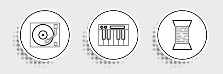 Set line Sewing thread on spool, Vinyl player with vinyl disk and Music synthesizer icon. Vector
