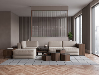 Brown chill room interior with couch and coffee table, panoramic window