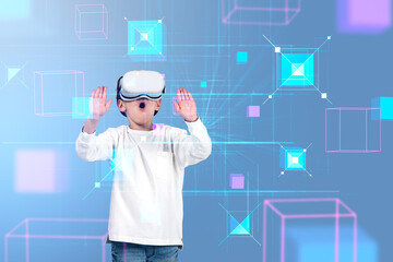 Kid boy in vr glasses, data blocks in cyberspace, metaverse and