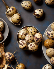 Fototapeta premium Quail eggs on a black table.