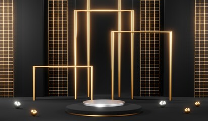 Stylish and contemporary 3D render black podium background perfect for any professional presentation, keynote or event. Its modern and sleek design adds sophistication to your product demo or show
