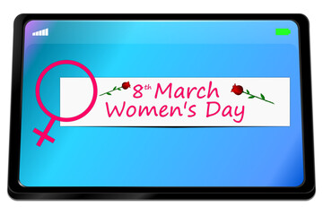 Tablet computer with International Women's Day Banner - 8 March - 3D illustration