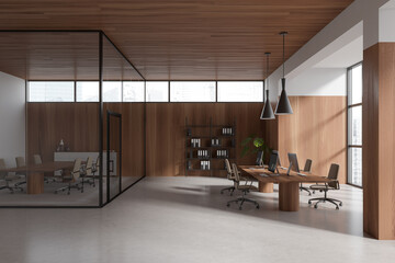 Business interior with pc computer on desk, panoramic window on city view