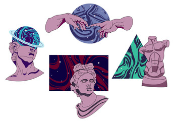 Various Antique Statues. Vaporwave stickers with greek sculpture, Tors, Hands and cosmic space elements in trendy psychedelic weird style. Sticker pack. Vector Gold Stars galaxy surrealism.