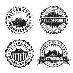 Pittsburgh Pennsylvania Stamp Skyline Postmark. Silhouette Postal Passport. City Round Vector Icon Set. Vintage Postage