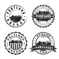 Portland Oregon Stamp Skyline Postmark. Silhouette Postal Passport. City Round Vector Icon Set. Vintage Postage