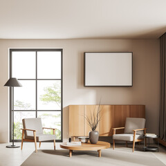 Light living room interior with armchairs and panoramic window, mockup frame