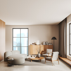 Light meeting interior with couch, armchairs with drawer and panoramic window