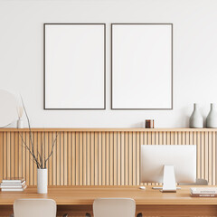 Fototapeta premium Light business room interior with desk and pc computer. Mockup frames