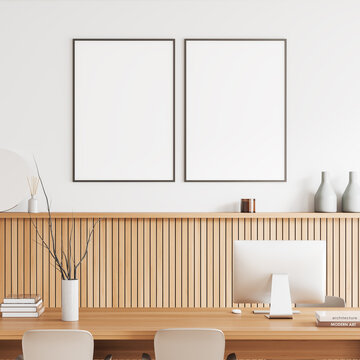Light business room interior with desk and pc computer. Mockup frames