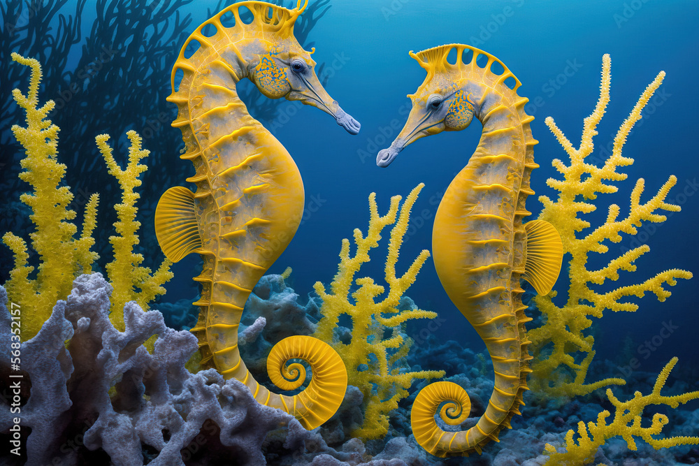 Wall mural yellow seahorses swimming close to the coral (hippocampus taeniopterus). generative ai