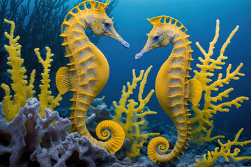 yellow seahorses swimming close to the coral (Hippocampus Taeniopterus). Generative AI - obrazy, fototapety, plakaty