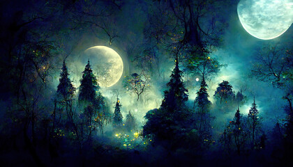 Naklejka na ściany i meble Wonderful Bright moon over magical dark fairy tale forest at night. Generative Ai