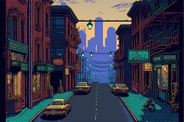 Fototapeta na wymiar Retroactive city shot in a style of 1990s point and click 16bit game generative ai pixel art 