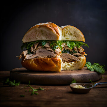 Celebrate the taste of Italy with our Porchetta sandwich photo collection. High-quality images showcase juicy pork roast, crispy crackling, herbs, and tangy sauce on a rustic background. 