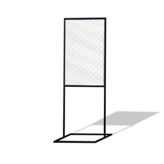 Blank white advertising sign holder stand realistic vector mockup. Floor standing metal poster frame mock-up. Template for design