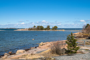 Fototapeta na wymiar Rocky view of Tulliniemi and sea in spring, Hanko, Finland