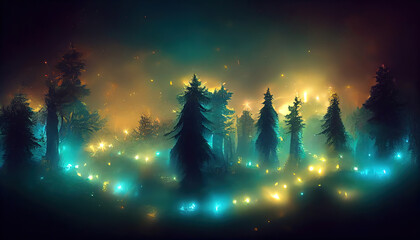 Dark magical fairy tale forest background with glowing lights. Generative Ai