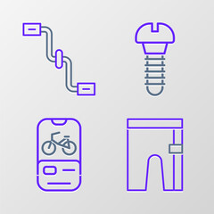 Set line Cycling shorts, Bicycle rental mobile app, Metallic screw and pedals icon. Vector