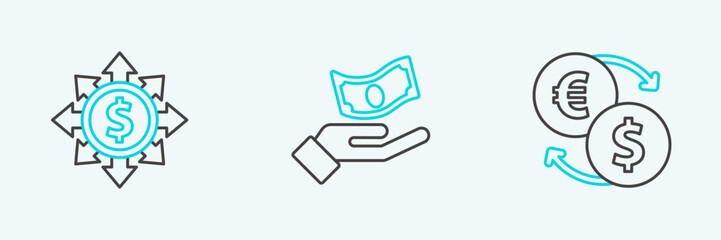 Set line Money exchange, Dollar, share, network and Hand holding money icon. Vector