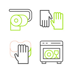 Set line Dishwasher machine, Cleaning service, Rubber gloves and Toilet paper roll icon. Vector