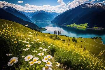 Naklejka premium Beautiful summer scene in Zell am See, Pinzgau, Salzburger Land, Austria, Europe, with a flower field, snow capped mountains, and a blue lake. Generative AI