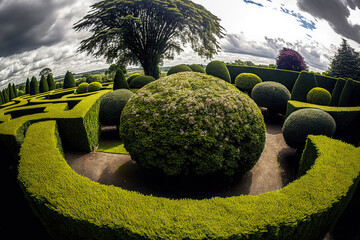 A central perspective of the irregularly shaped yews and other bushes in the garden of Plas Brondanw, GWYNEDD, Wales, United Kingdom JULY 21, 2019. Generative AI - obrazy, fototapety, plakaty