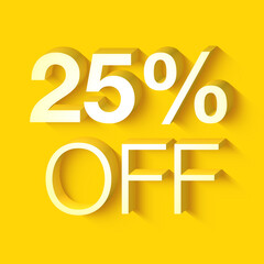 discount, set of white 3d numbers on yellow background, rendering, 25% off