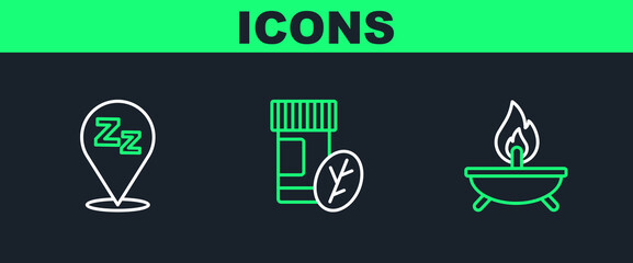 Set line Aroma candle, Sleepy and Vitamin pill icon. Vector